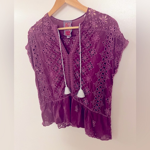 Johnny Was Leith Bohemian Eyelet Top Purple XS - Picture 9 of 16